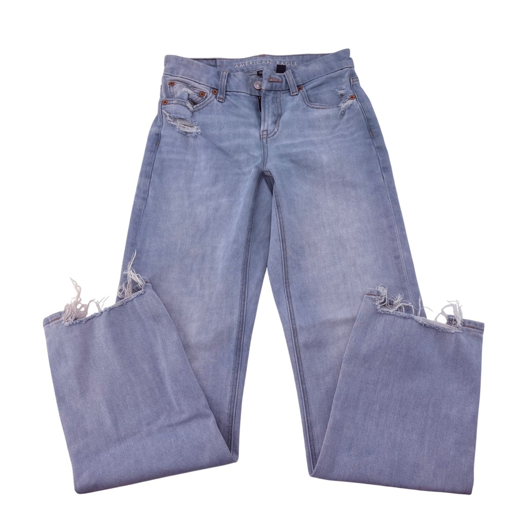American Eagle Light Wash Distressed Raw Hem Stretch Straight Jeans 00 Regular